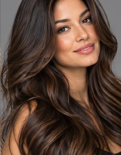 Model with long, thick brunette hair and soft layers