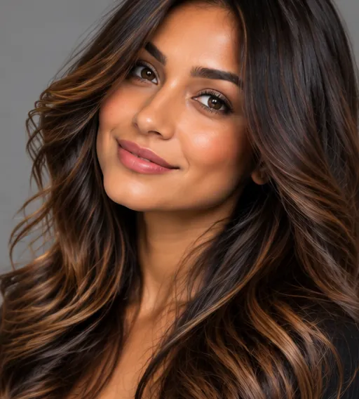 Woman with long highlighted waves and a layered haircut