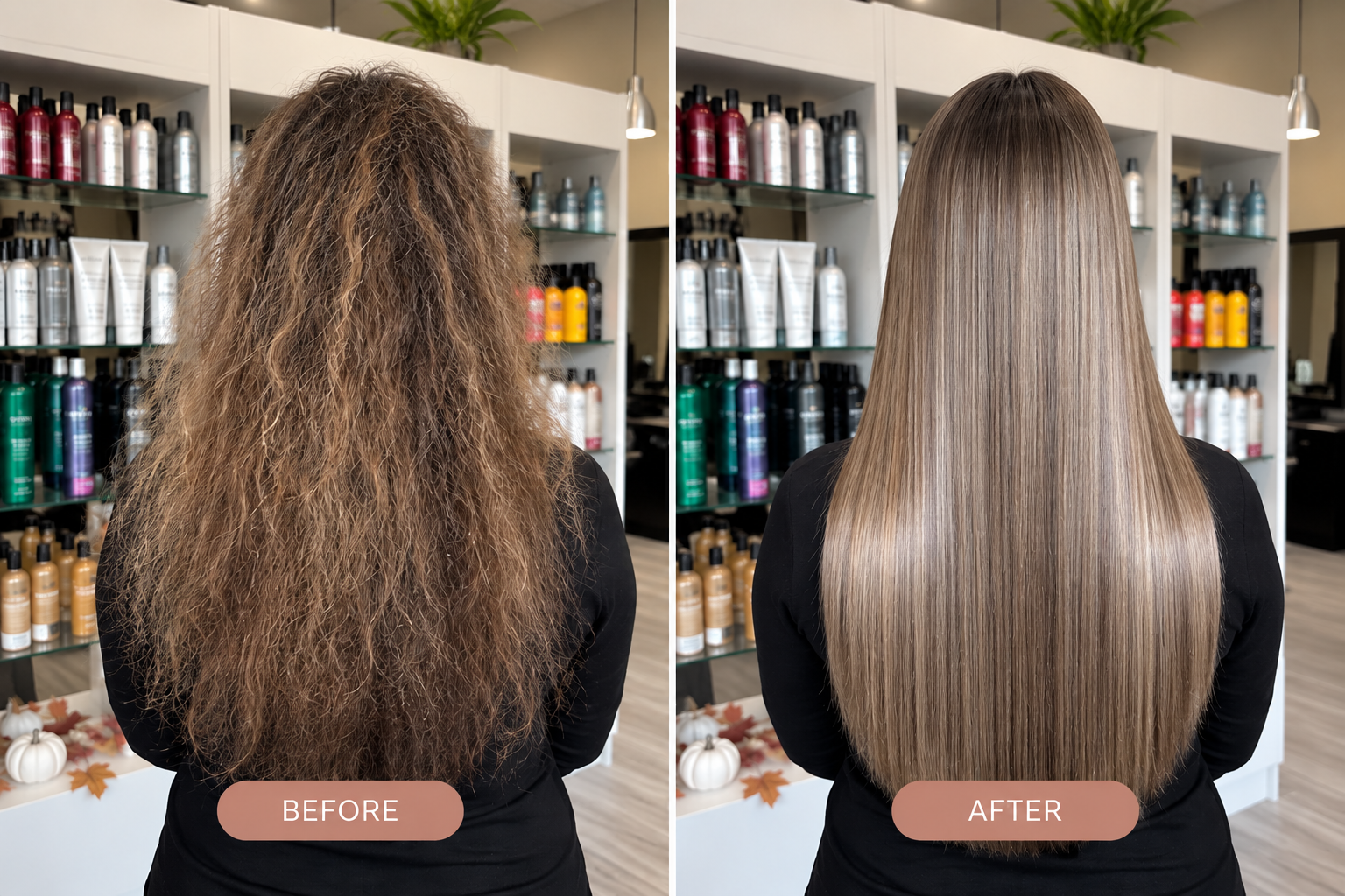 Keratin treatment before and after hair transformation