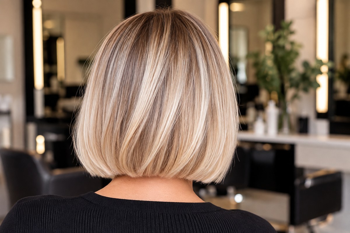Glossy blonde bob haircut photographed from behind