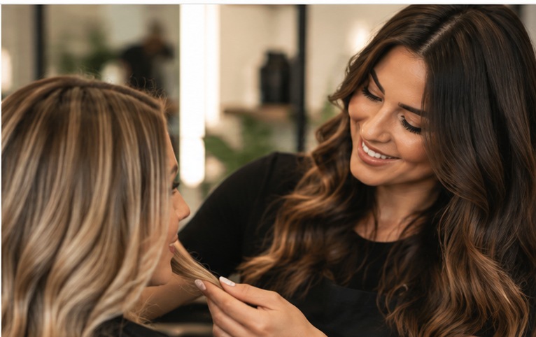 Stylist discussing hair goals and color options with a client