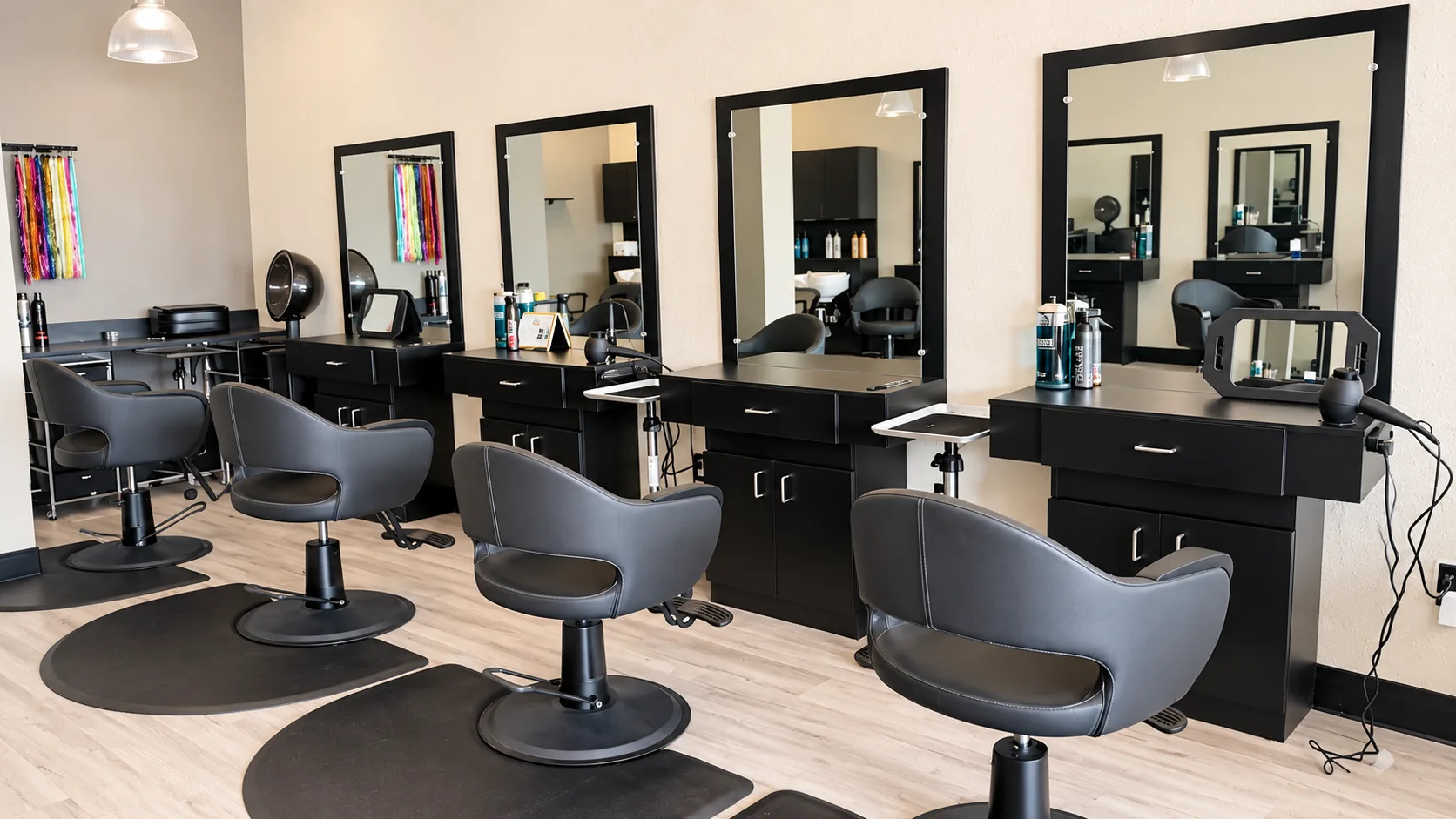 Interior of FS Cut & Color hair salon in McKinney, Texas, with black styling stations and mirrors