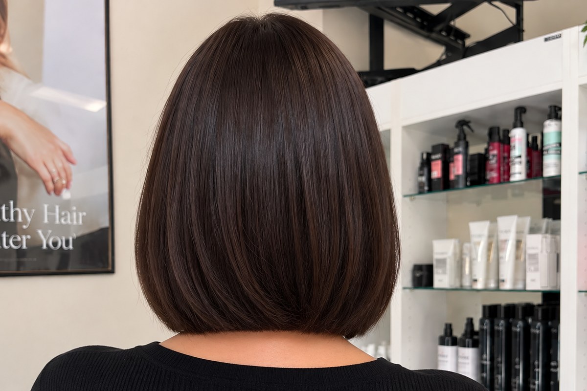 Smooth, solid dark chocolate-brown bob haircut photographed from behind, without highlights